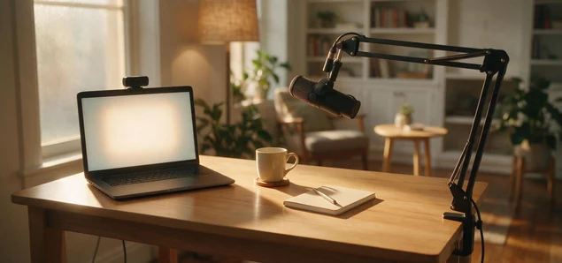 wordpress live streaming desk setup with a laptop webcam and microphone