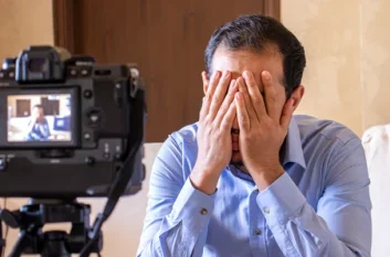 a man sitting on a sofa with his head in his hands while a camera on a tripod films him