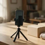 a phone on a small tripod facing plain cardboard boxes and folded knitwear on a wooden table, laptop and living room behind, daylight from a window