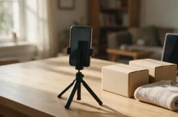 a phone on a small tripod facing plain cardboard boxes and folded knitwear on a wooden table, laptop and living room behind, daylight from a window