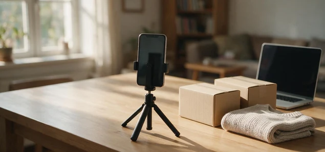 a phone on a small tripod facing plain cardboard boxes and folded knitwear on a wooden table, laptop and living room behind, daylight from a window
