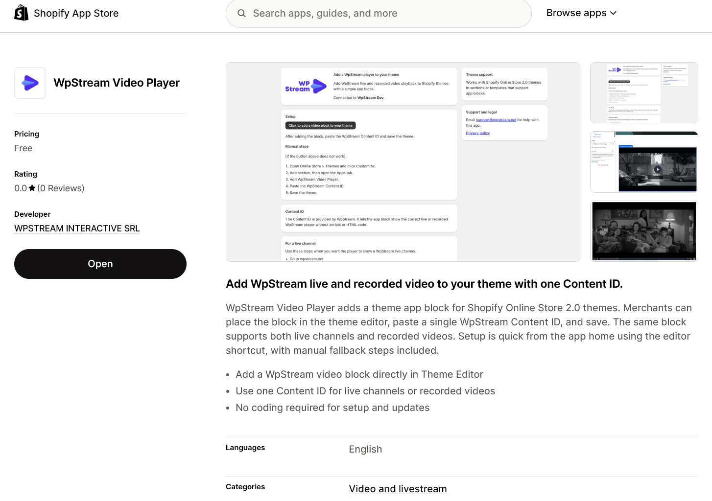 WpStream Video Player on the Shopify App Store.