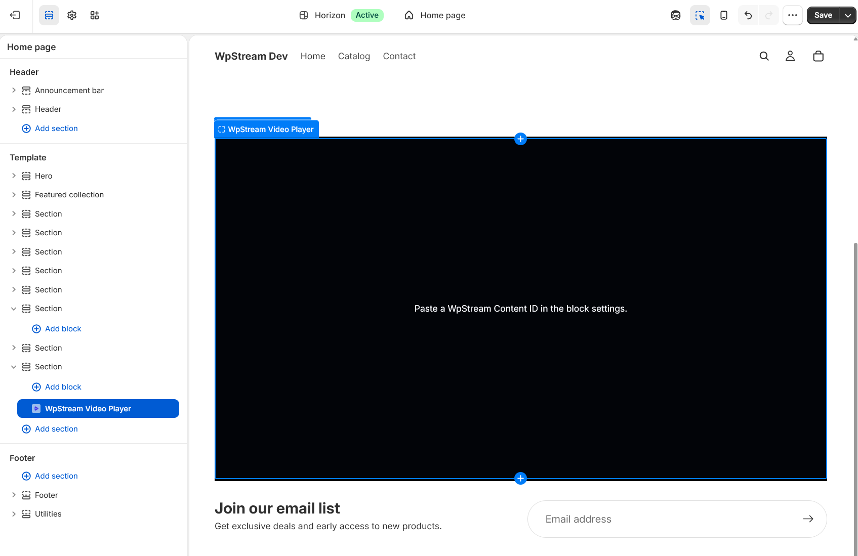 WpStream Video Player block in the theme editor.