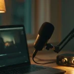 A home broadcast desk with a laptop showing a video player, a condenser microphone on a boom arm and an audio interface