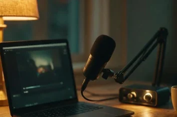 A home broadcast desk with a laptop showing a video player, a condenser microphone on a boom arm and an audio interface