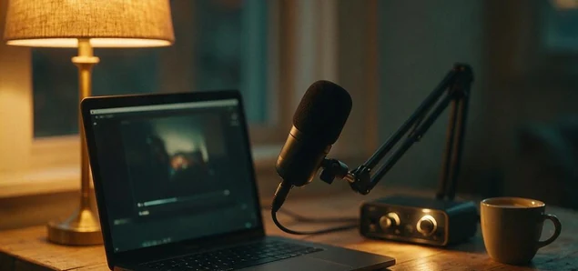 A home broadcast desk with a laptop showing a video player, a condenser microphone on a boom arm and an audio interface