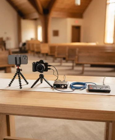 Phone, camera, audio interface and streaming equipment arranged inside a church