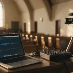 a laptop, audio mixer and camera on a table at the back of an empty church sanctuary