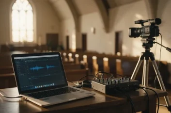 a laptop, audio mixer and camera on a table at the back of an empty church sanctuary