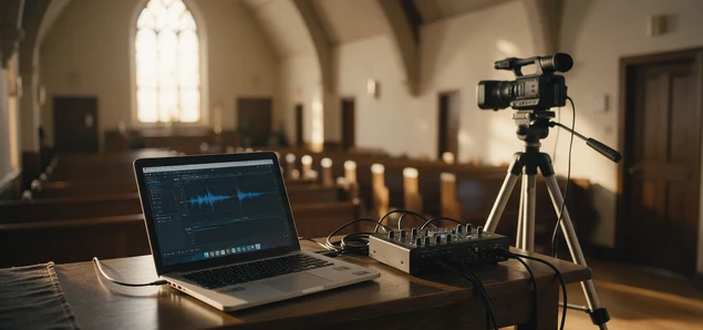 a laptop, audio mixer and camera on a table at the back of an empty church sanctuary