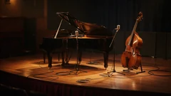 an empty jazz club stage with a grand piano and a double bass under warm light