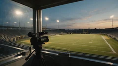 an empty high school football field under floodlights, seen from a press box with a video camera