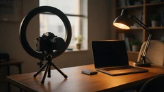 a camera, a ring light and a laptop on a desk after a stream has ended
