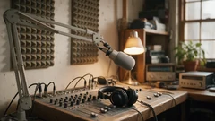 a broadcast microphone and a mixing desk in a small community radio studio