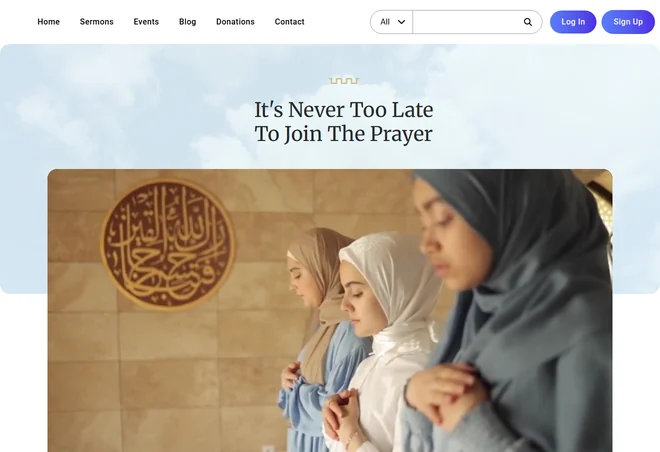 Church demo homepage with its prayer welcome and service photo