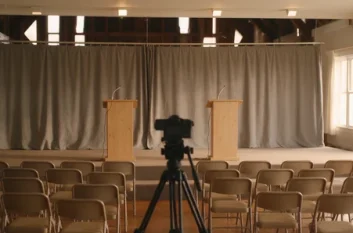 two empty wooden lecterns on a small community hall stage, a video camera on a tripod facing them over rows of folding chairs